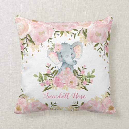 Girly Elephant Blush Pink Floral Nursery Decor Throw Pillow