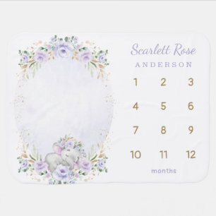 Girly Elephant Lavender Floral Monthly Milestone Baby Blanket