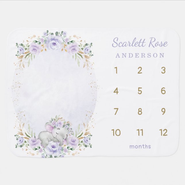 Girly Elephant Lavender Floral Monthly Milestone Baby Blanket (Horizontal)