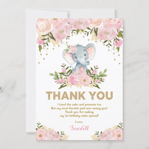 Girly Elephant Pastel Pink Floral 1st Birthday Thank You Card