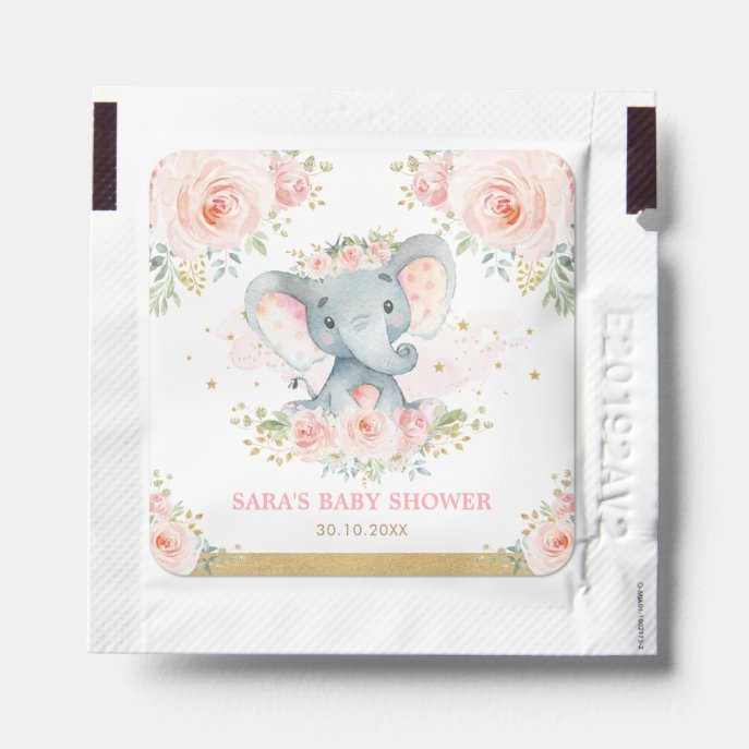 Girly Elephant Pink Blush Flower Baby Shower Favor Hand Sanitizer Packet
