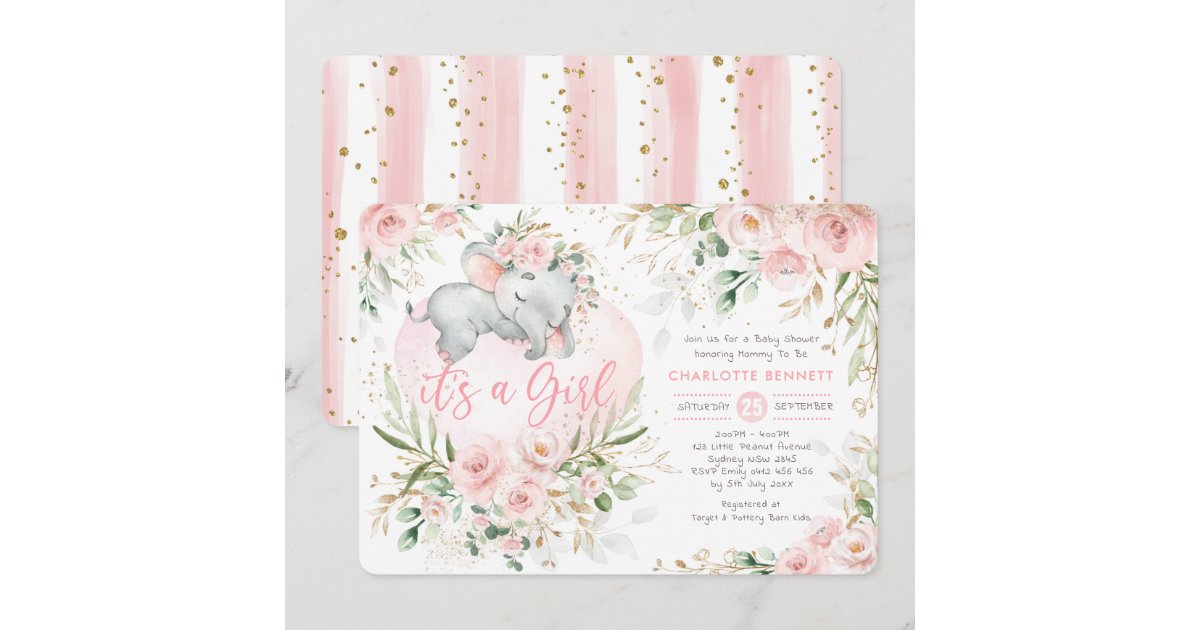 Girly Elephant Pink Blush Gold Flowers Baby Shower Invitation | Zazzle