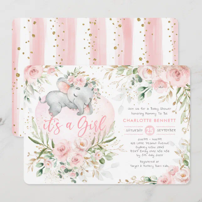 Girly Elephant Pink Blush Gold Flowers Baby Shower Invitation | Zazzle