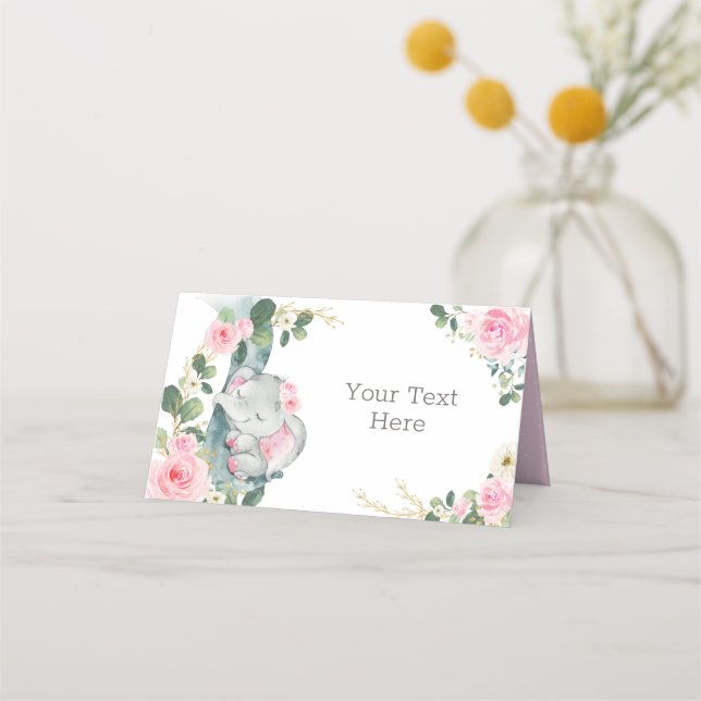 Girly Elephant Pink Floral Roses Food Label Place Card (Front)
