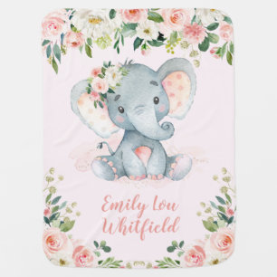 Girly Elephant Pink Watercolor Floral Nursery Baby Blanket