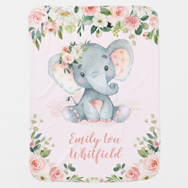 Girly Elephant Pink Watercolor Floral Nursery Baby Blanket (Front)