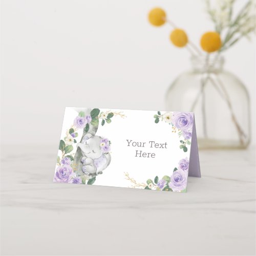 Girly Elephant Purple Floral Roses Food Label Place Card