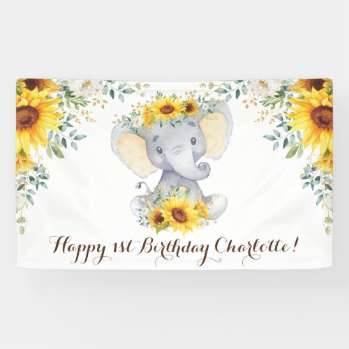 Girly Elephant Rustic Sunflowers Happy Birthday Banner