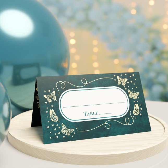 Girly Emerald Green Gold 15 Years Old Butterflies Place Card (Girly Emerald Green Gold 15 Years Old Butterflies Place Card)