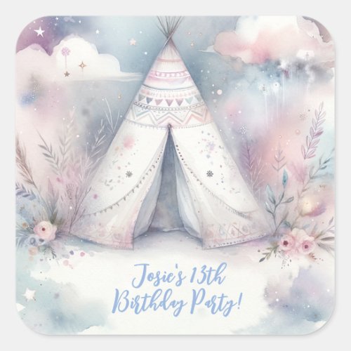 Girly Enchanted Teepee Sleepover Birthday Party Square Sticker
