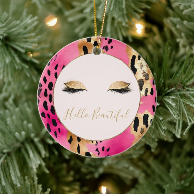 Girly Eyelashes Pink Glam Gold Sparkle Leopard Ceramic Ornament (Tree)