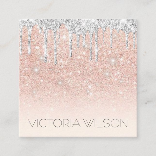 Girly Fading Pink Dusty Rose Silver Glitter Drip Square Business Card (Front)