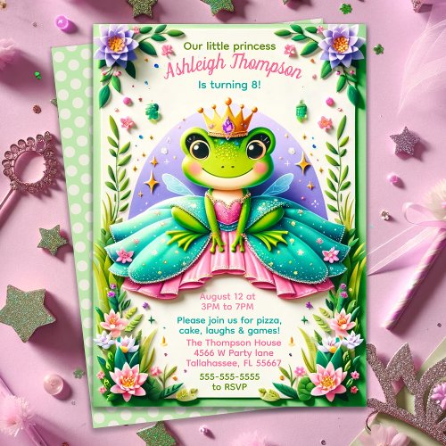 Girly Fairy Tale Frog Princess Birthday Party Invitation