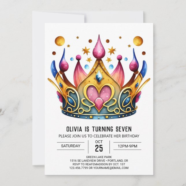 Girly Fairytale Princess Crown Birthday Invitation (Front)
