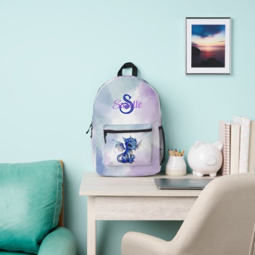 Girly Fantasy Blue Baby Dragon Personalized Printed Backpack