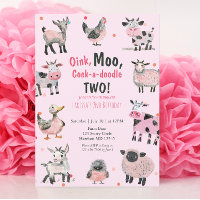 Girly Farm Animal Second Birthday Invitation