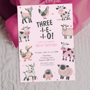Girly Farm Animal Third Birthday Invitation