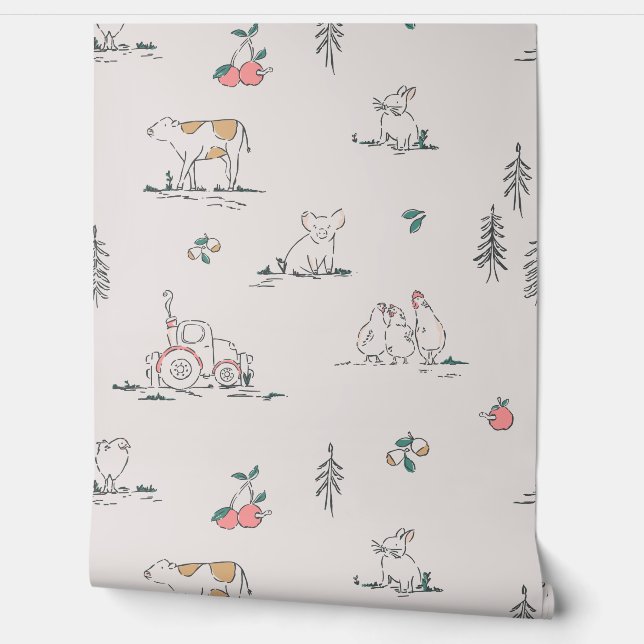 Girly Farm Animal Toile (Pink, Off-White) Wallpaper (Unrolling)