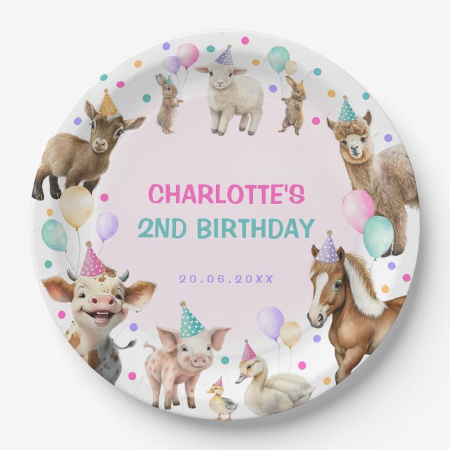 Girly Farm Barnyard Animals Confetti Birthday Girl Paper Plates (Front)