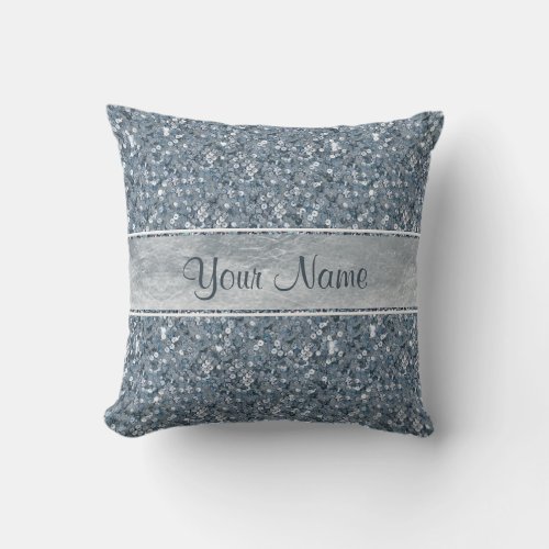 Girly Faux Blue Sequins Silver Foil Glitter Throw Pillow