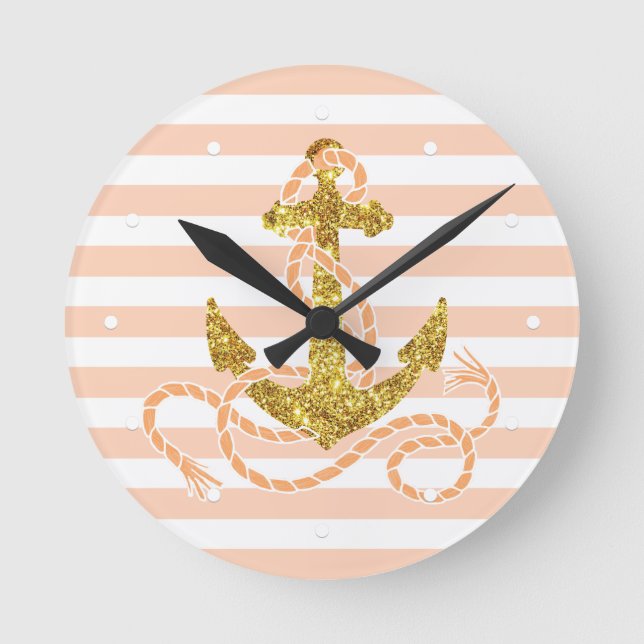 Girly Faux Glitter Anchor Round Clock (Front)
