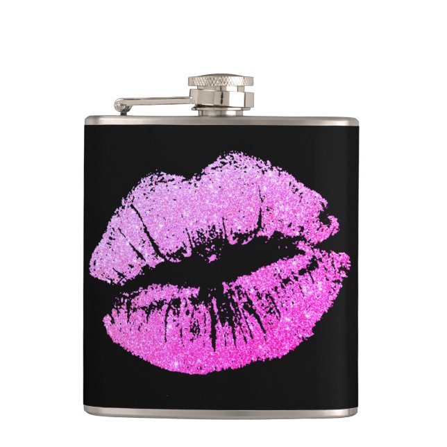 Girly Faux Glitter Purple Lips Black Custom Flask (Front)