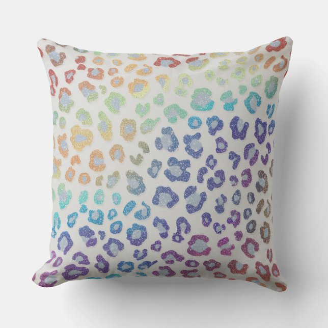 Girly Faux Glitter | Rainbow Leopard Print Throw Pillow (Front)
