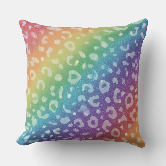 Girly Faux Glitter | Rainbow Leopard Print Throw Pillow (Front)