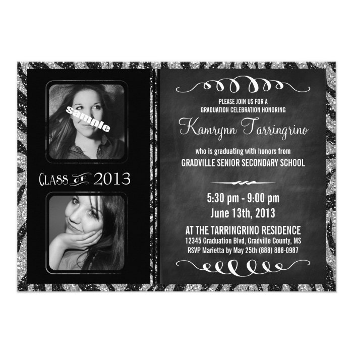 Girly Faux Glitter Zebra 2 Photo Chalk Graduation Announcement