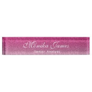 Girly Faux Glittery Hot Pink Ombre Desk Name Plate