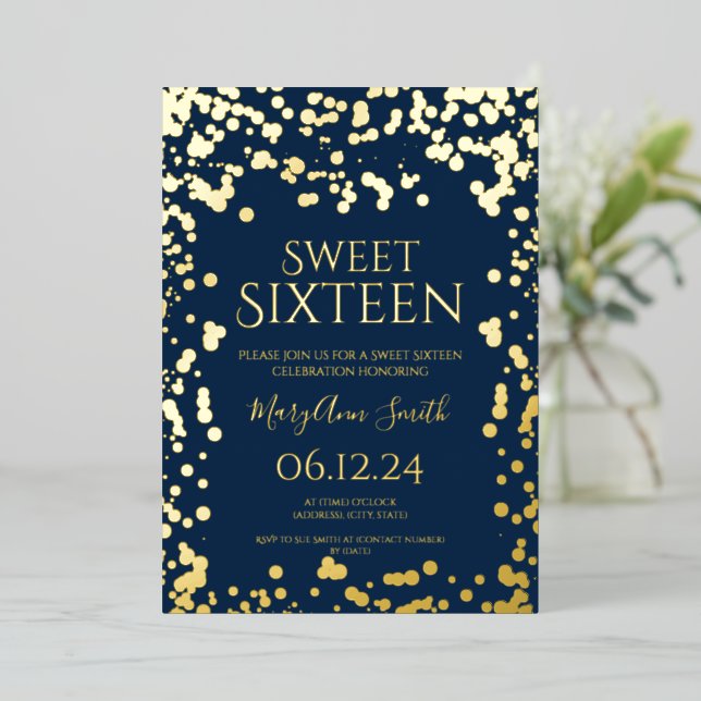 Girly Faux Gold Foil Confetti Sweet 16 Navy  Foil Invitation (Standing Front)