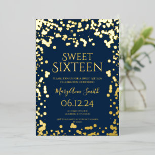 Girly Faux Gold Foil Confetti Sweet 16 Navy Invitation