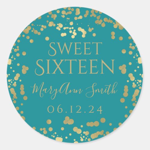 Girly Faux Gold Foil Confetti Sweet Sixteen Teal Classic Round Sticker