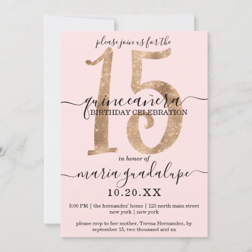 Girly Faux Gold Glitter Blush Pink Quinceaera Invitation