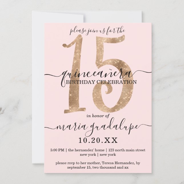 Girly Faux Gold Glitter Blush Pink Quinceañera Invitation (Front)