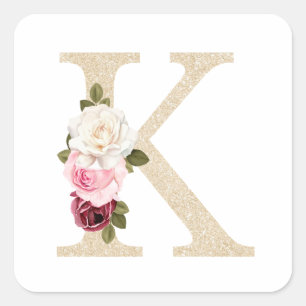 Girly Faux Gold glitter Floral Letter K Monogram Square Sticker