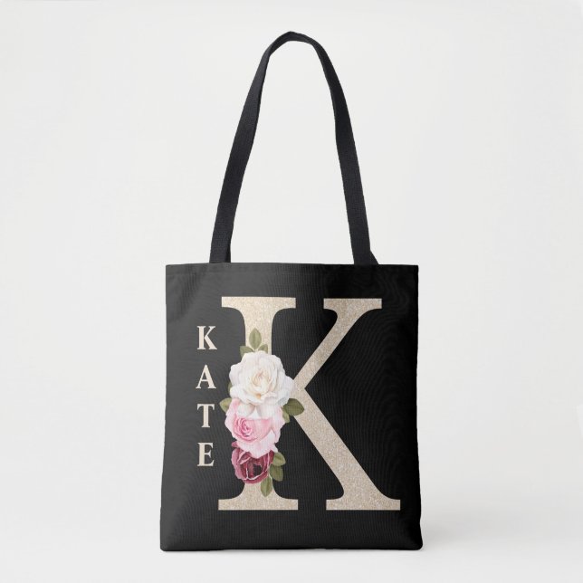 Girly Faux Gold glitter Floral Letter K Monogram Tote Bag (Front)