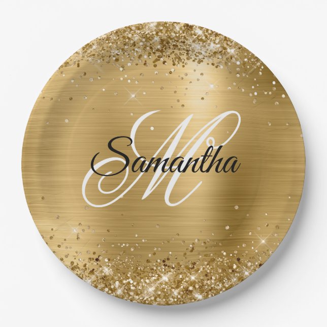 Girly Faux Gold Glittery Foil Monogram Paper Plates (Front)