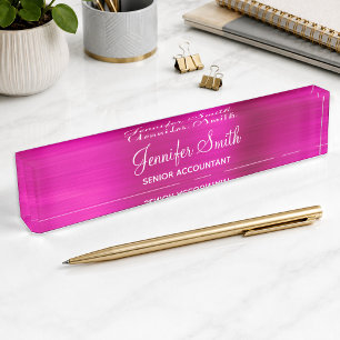 Girly Faux Hot Pink Foil Name and Job Title Desk Name Plate