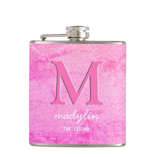Girly Faux Leather Pink Monogram Name Flask (Front)