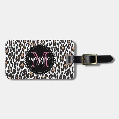 Girly Faux Leopard Print Monogram pattern Luggage Tag