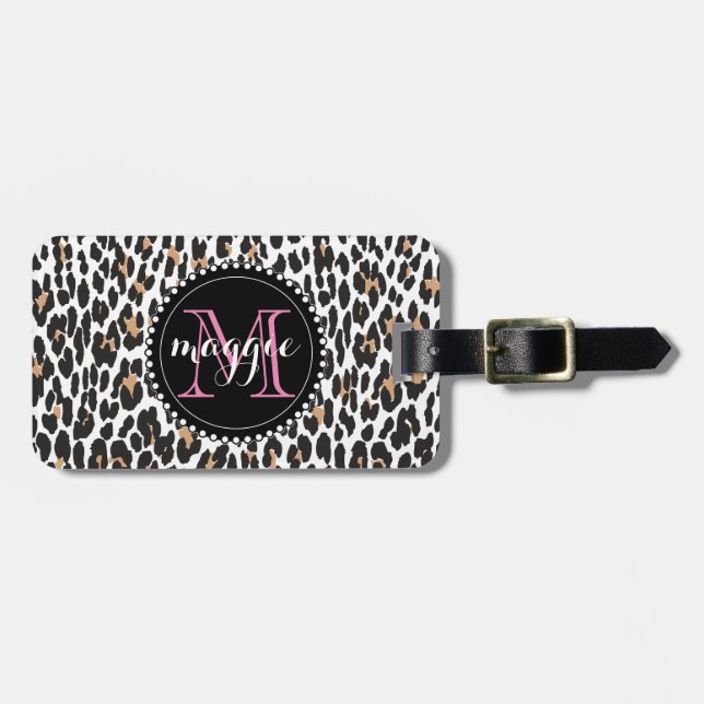 Girly Faux Leopard Print Monogram pattern Luggage Tag (Front Horizontal)