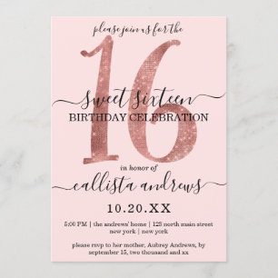 Girly Faux Rose Gold Blush Pink Glitter Sweet 16 Invitation