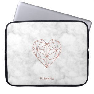 Girly Faux Rose Gold Foil Geometric Heart Marble Laptop Sleeve