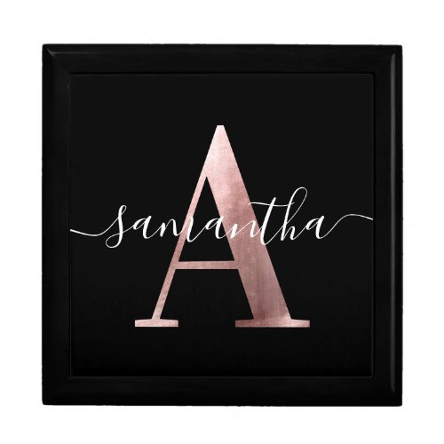 Girly Faux Rose Gold Foil Monogram A Black Gift Box