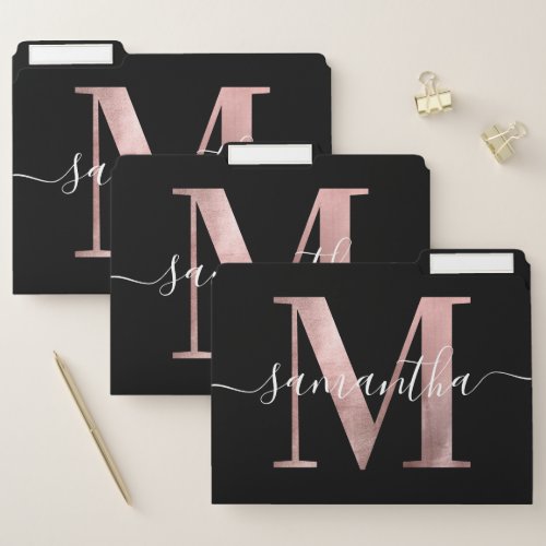 Girly Faux Rose Gold Foil Monogram M Black File Folder