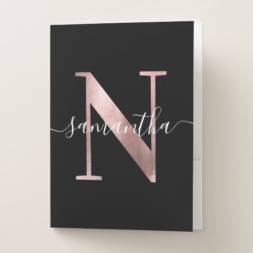 Girly Faux Rose Gold Foil Monogram N Black Pocket Folder