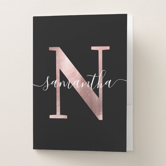 Girly Faux Rose Gold Foil Monogram N Black Pocket Folder (Front)