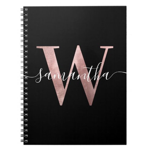 Girly Faux Rose Gold Foil Monogram White and Black Notebook