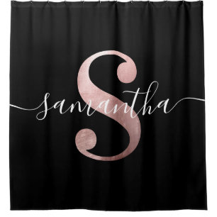 Girly Faux Rose Gold Foil Monogram White and Black Shower Curtain